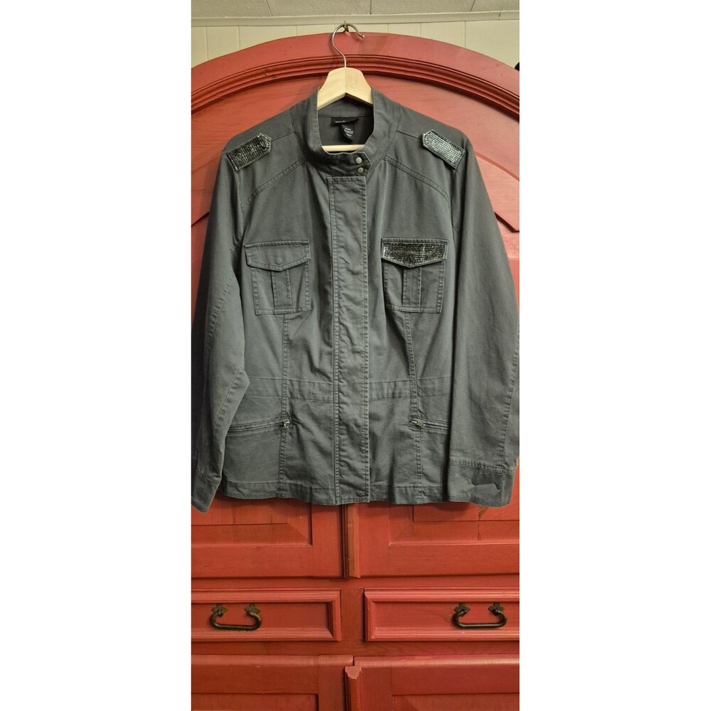 Lane Bryant 18/20 Glam Military Jacket Sequins Bomber Khaki Green Zipper EUC